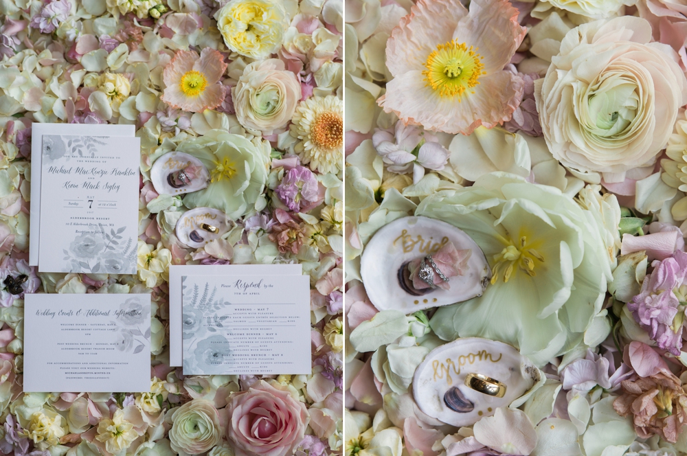 wedding-invitations-and-rings-on-a-bed-of-flowers