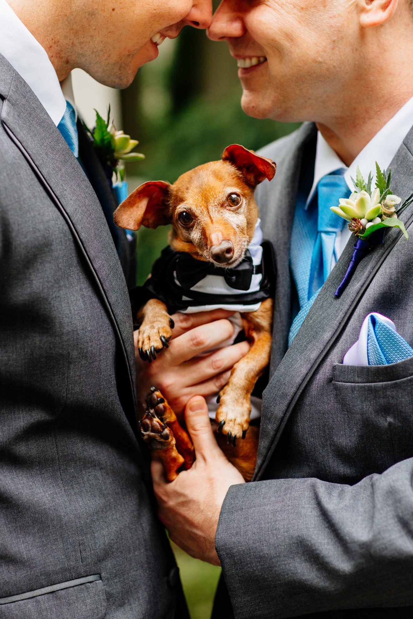 Grooms with their dog in a tux - wedding by Pink Blossom Events at The Foundry by Herban Feast