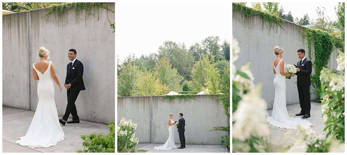 bride and groom first look at Novelty Hill - Januik Winery