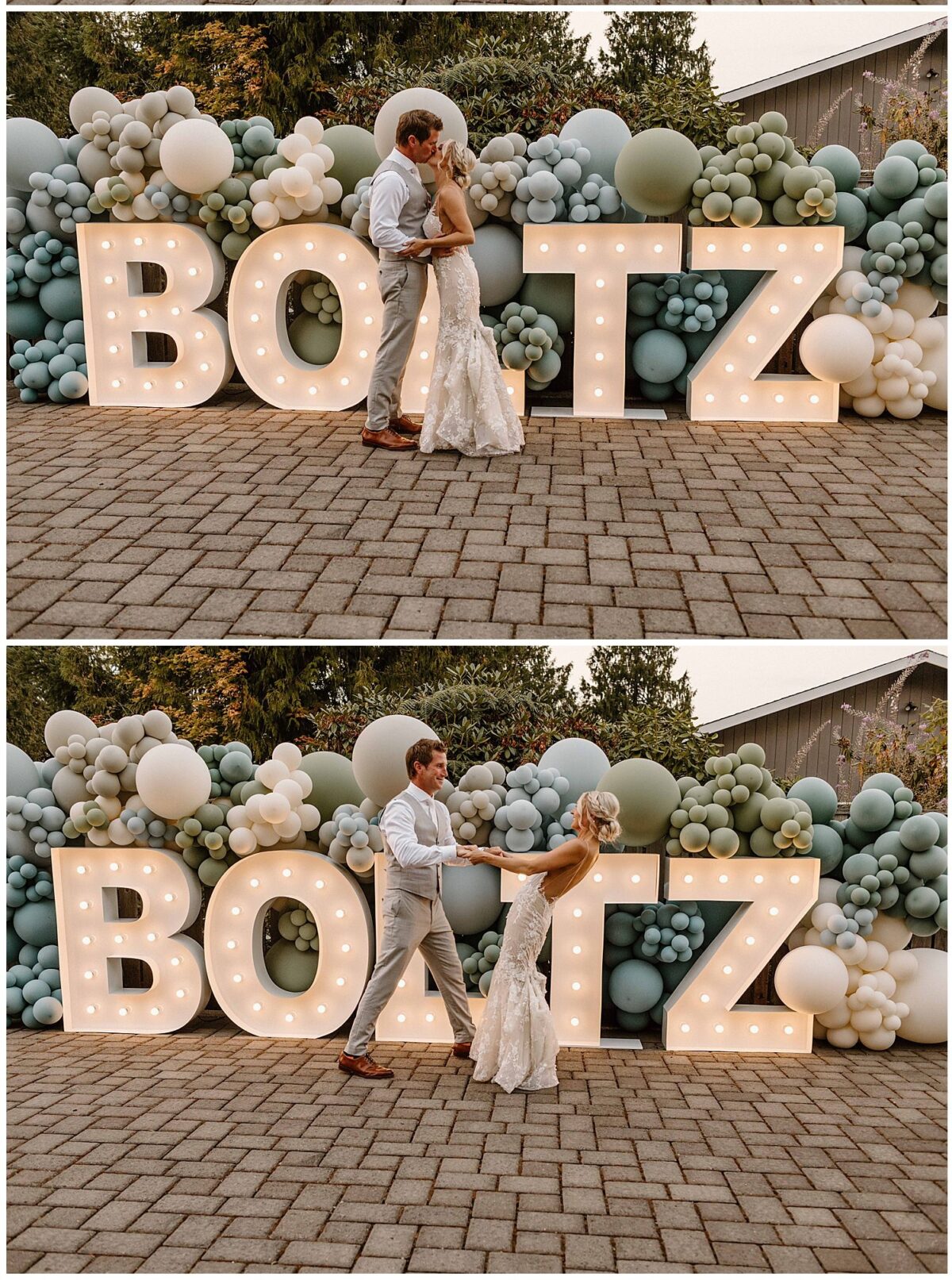 bride and groom with marquee letters and balloons 