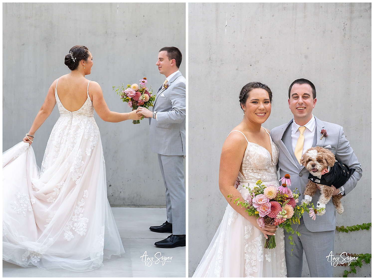 bride and groom with dog 